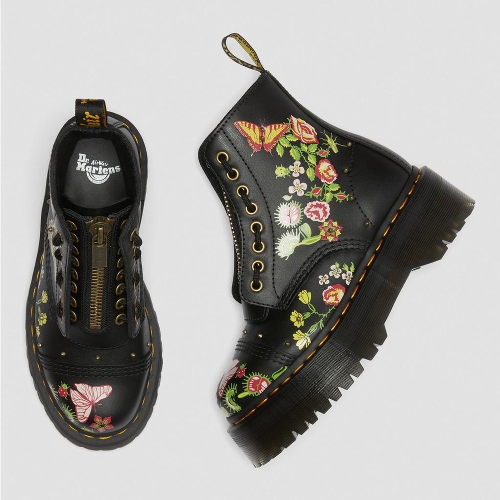 Dr. Marten Sinclair Floral Bloom Black Leather Lace & Zipper Platform Boots